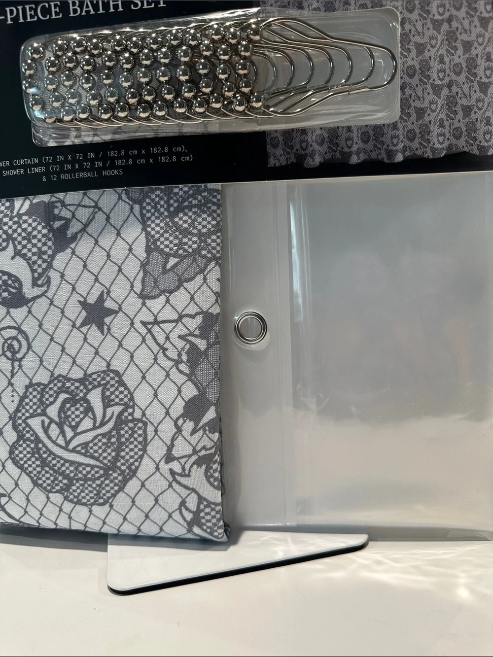 NWT Ed Hardy Black & Gray (14) Piece Shower Curtain Set with Fabric/Plastic.